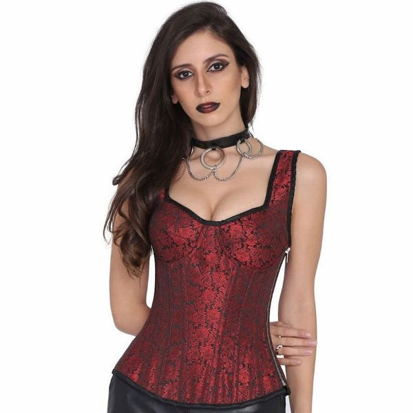 Strapped Red Brocade Overbust Corset